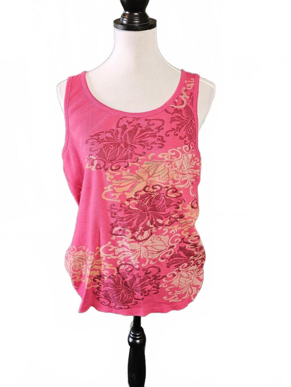 Faded Glory Pink Floral Print Ribbed Tank Top, Plus 1X/16W